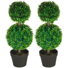 HOMCOM 2 Pcs Artificial Boxwood Ball Topiary Tree 23.5" with Double Ball-Shaped Leaves in Pot Green