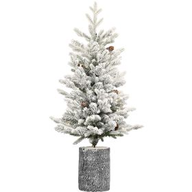 4.5FT Pre-lit Potted Snow Flocked Christmas Tree Small Artificial Xmas Tree & 150 Lights for Front Door, Porch, Indoor and Outdoor