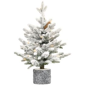 2FT Pre-lit Potted Snow Flocked Christmas Tree Mini Small Artificial Xmas Tree & 30 Lights and 189 PE&PVC Branch Tips for Front Door, Porch